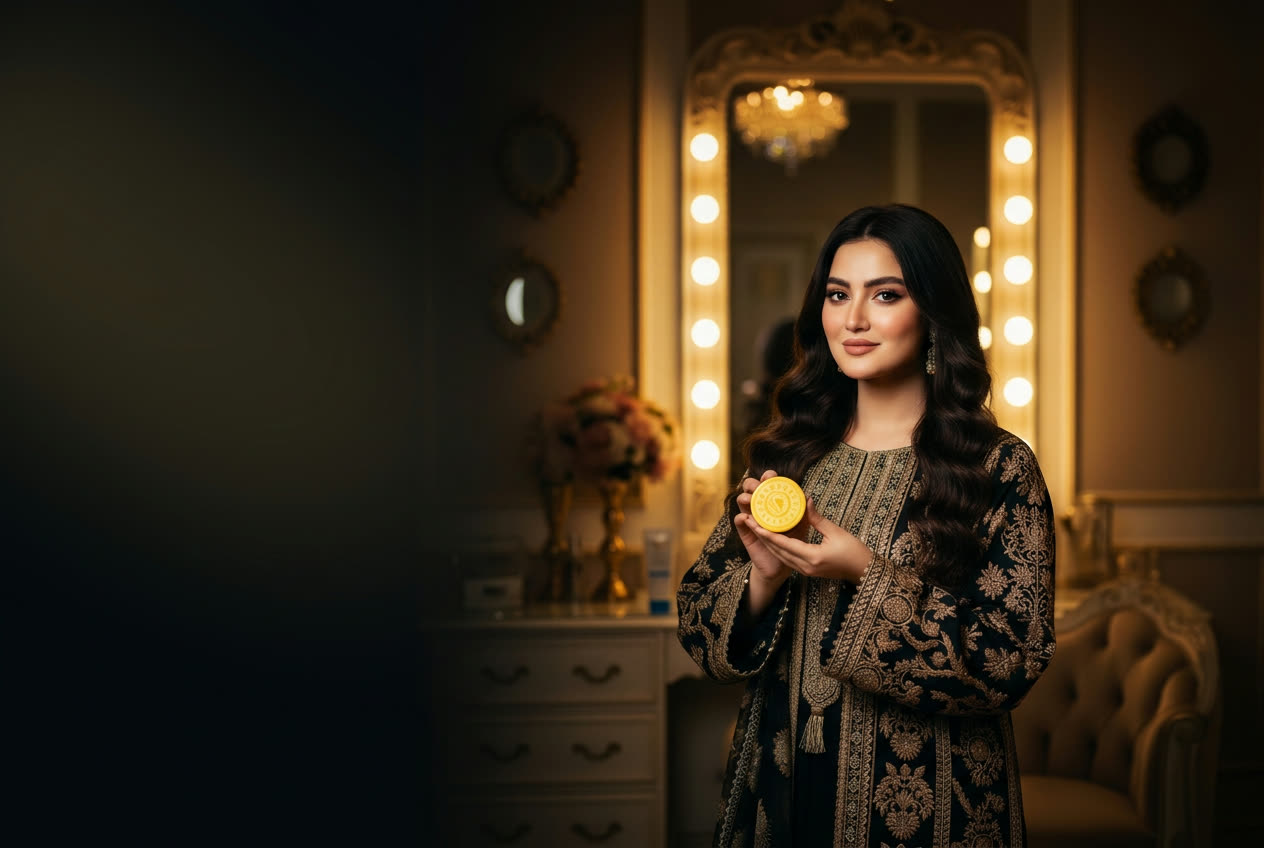 Woman with radiant skin holding a ZEWER gold flakes cream jar in a luxury makeup room